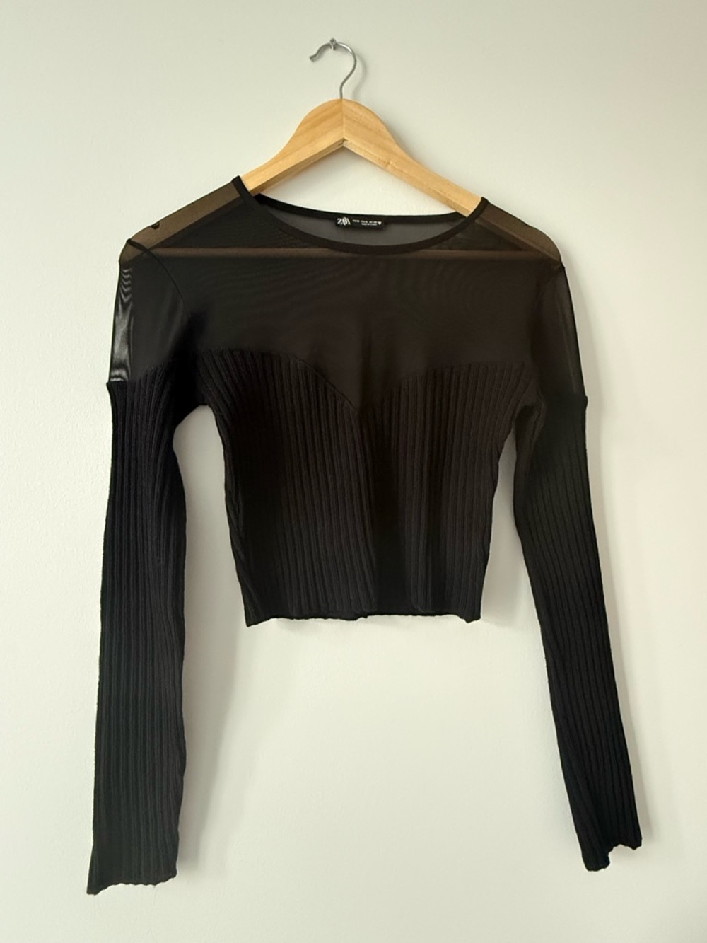 Zara Black Sheer Yoke Ribbed Long-Sleeve Crop Top (M)